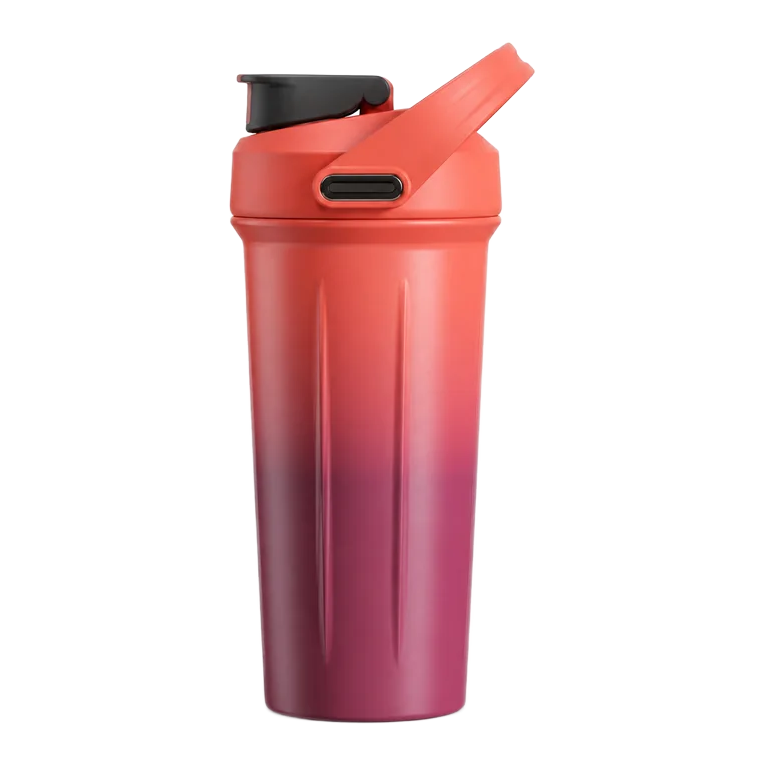Red-to-purple shaker bottle with flip cap and carry handle, from the supplied factory materials
