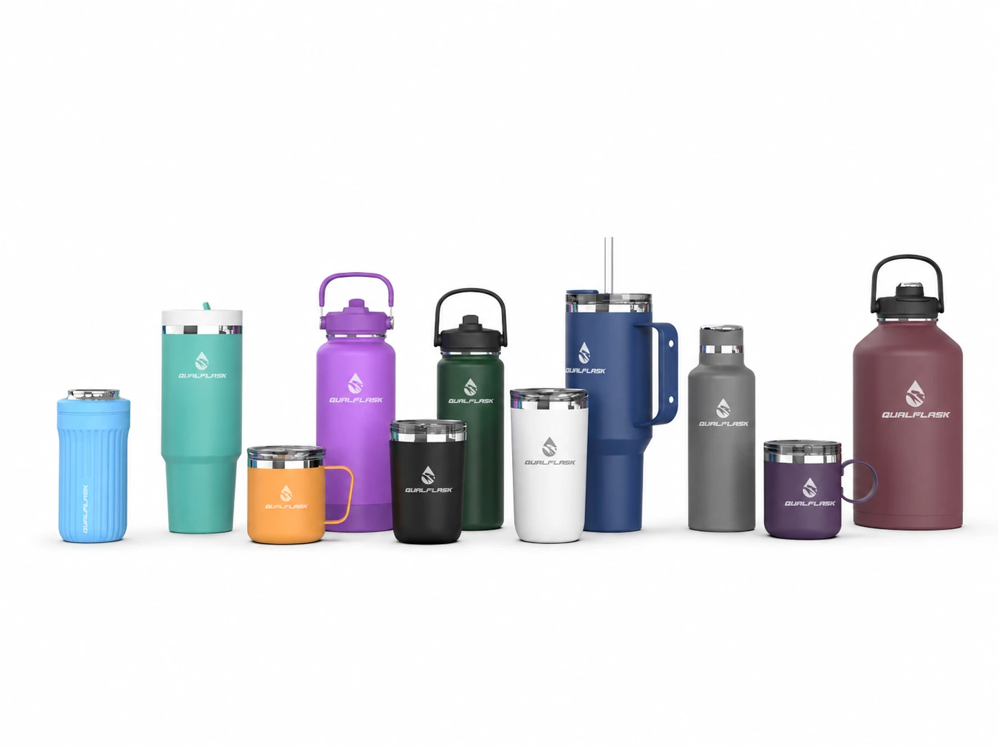Qualflask stainless steel drinkware collection: ten colorful tumblers, bottles, coffee mugs and a large handled jug