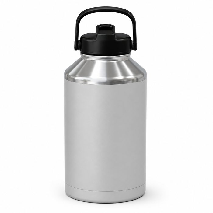 Large stainless steel jug with black carry handle
