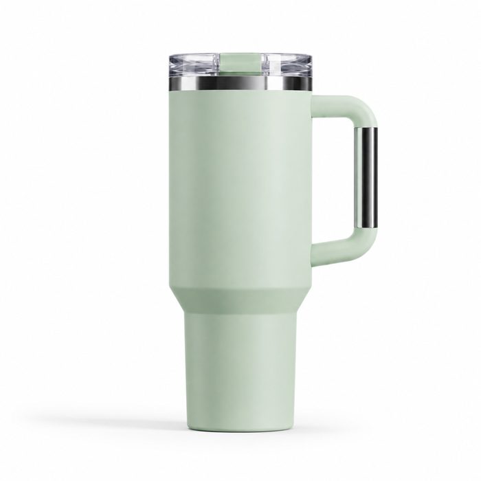 Soft green large tumbler with handle and clear lid